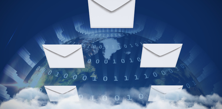Graphic of envelopes on white background against low angle view of clouds against sky Stock Photo