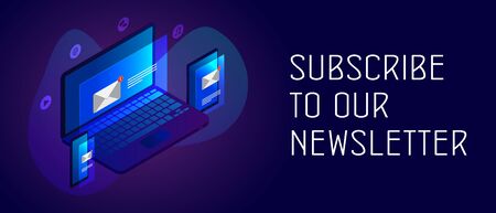Subscribe to our newsletter concept isometric laptop tablet and smartphone with mail envelope notification icon and text box header and footer banner template with text Stock Photo