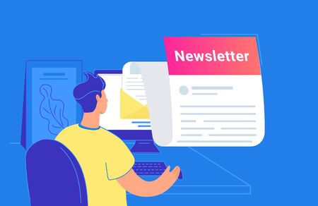 Newsletter monthly subscription flat vector illustration of young man sitting with pc and checking email inbox people with computer reading news or subscribing to advertising and promo notification Stock Photo
