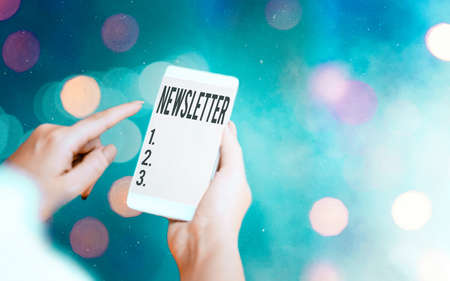 Conceptual hand writing showing newsletter concept meaning the bulletin was given to members of a company regularly modern gadgets white screen under colorful bokeh background Stock Photo
