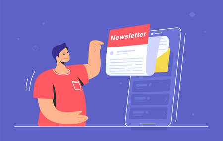 Newsletter subcription online in mobile app flat vector illustration of smiling man pointing to a big smartphone with new monthly letter flying out of screen to be up to date and get news and updates Stock Photo
