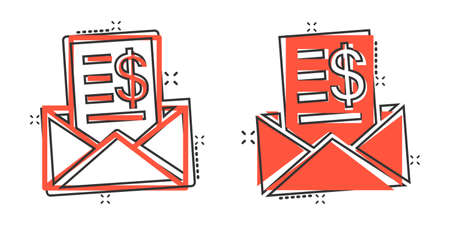 Envelope with money icon in comic style e mail cash cartoon vector illustration on white isolated background finance message splash effect business concept