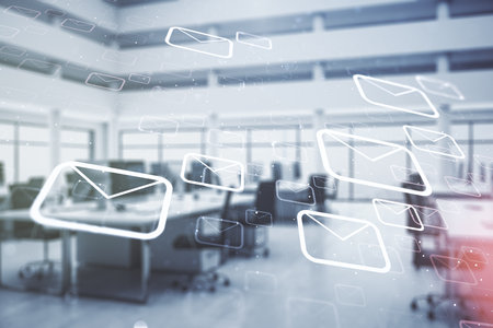 Abstract virtual postal envelopes illustration on a modern furnished office background email and communications concept multiexposure