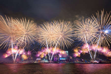 beautiful firework on Victoria Harbor, Hong Kong