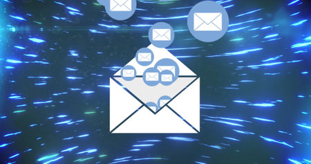 Image of digital interface with email message envelope icons over spinning blue light trails global digital online concept digitally generated image