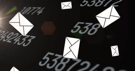 Image of floating emails over changing numbers on black background social media technology and communication concept digitally generated image Stock Photo