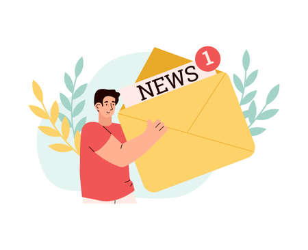 Man holds huge envelope with news inscription flat vector illustration isolated on white background