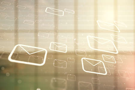 Double exposure of abstract virtual postal envelopes hologram on empty modern office background electronic mail and spam concept Stock Photo