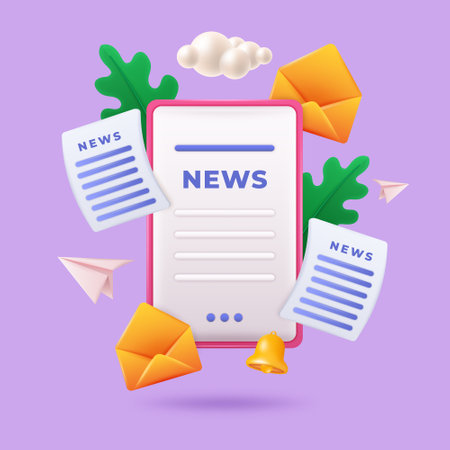 3d news information newspaper icon digital update of press app online newsletter article in phone flying envelopes and documents cute graphic vector illustration website banner Stock Photo