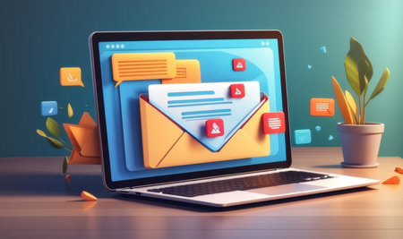 Laptop with envelope and social media icons on screen 3d rendering Stock Photo