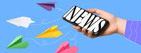 Journalist holding mobile phone with word news on display paper planes flying away from device as information creative collage banner design Stock Photo