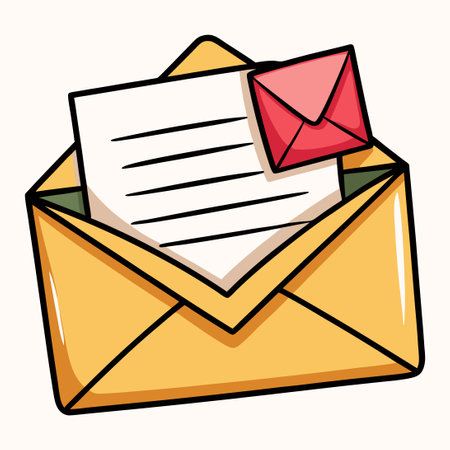 Amusing cartoon envelope with handwritten letter and a cheeky expression