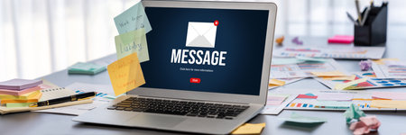 Sticky note for creative and analytic brainstorm for business idea with bi data dashboard on laptop screen analysis financial data visualization tech for marketing strategy Stock Photo