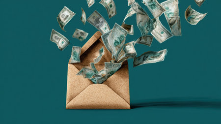 An envelope opens with cash erupting from within illustrating themes of financial gain and unexpected fortune in a vibrant setting