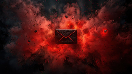 Dramatic explosion of red and black colors surrounds central envelope creating striking visual effect scene conveys sense of urgency and mystery with particles floating in air Stock Photo