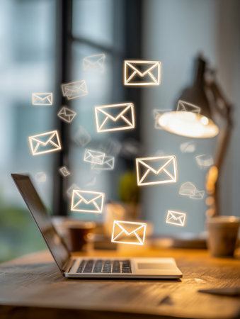 Warm sunset lighting illuminates a sleek workspace where vibrant email symbols drift around a laptop symbolizing seamless virtual connectivity in a relaxed setting