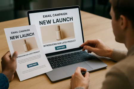 Marketing team comparing email campaign draft and final version on laptop screen ensuring consistent branding for new product launch Stock Photo