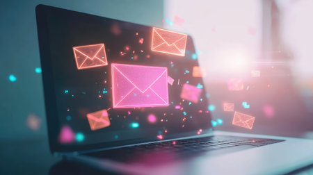 Illustration of a simple email list interface on a laptop with a geometric envelope symbolizing communication efficiency Stock Photo
