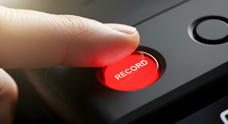 A close up macro shot of a thumb pressing a glossy bright red button with the word record on it this action signifies the start of capturing audio video or data representing concepts of media production journalism and documentation