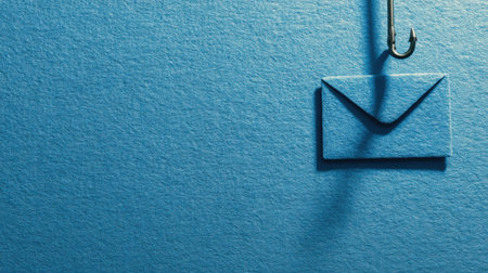 A blue textured background features an envelope hanging from a hook symbolizing communication or unexpected messages waiting to be discovered Stock Photo