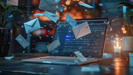 Digital marketing concept with a laptop and flying envelopes highlighting the impact of email campaigns and spam