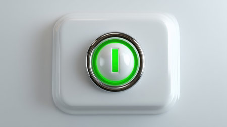 A green power button sits on a smooth white surface glowing brightly this button symbolizes readiness and activation waiting for a user to engage it Stock Photo