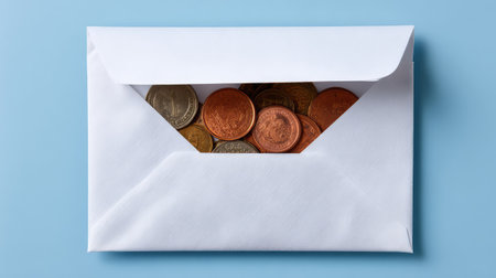 An envelope filled with various coins sits on a soft blue background representing financial themes such as savings budgeting and money management in daily life