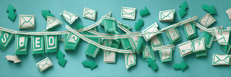 Vibrant paper elements for seo and email marketing are displayed on a teal surface showing digital ideas