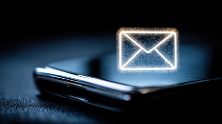 A smartphone lays on a dark surface with a glowing email icon above it illustrating the essence of digital communication in the modern age