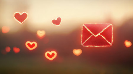 A dreamy background featuring glowing hearts and an envelope symbolizes love and connection perfect for conveying romantic messages or celebrations