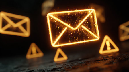 A glowing email symbol and warning signs illustrate a phishing attempt by hackers highlighting online security threats in a dark setting Stock Photo