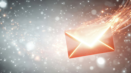 A striking image of a vibrant red envelope soaring through a dreamy background filled with glowing particles and sparkles perfect for concepts of communication and digital messaging
