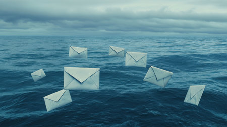 Floating emails traverse a blue gradient evoking connectivity in the digital age