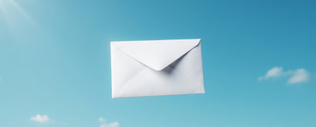 Flying envelope in sunlight against clear sky represents communication post mailing delivery greeting card invitation or digital email icon concept
