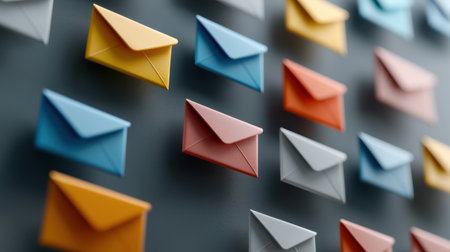 A wall of colorful envelopes with different colors and sizes the envelopes are arranged in a row and are of various sizes Stock Photo