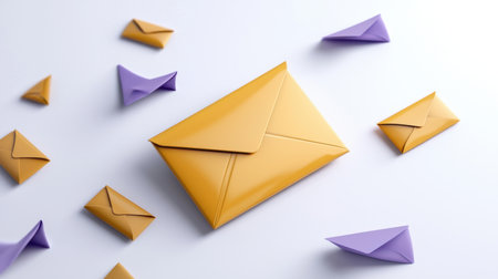 A bunch of envelopes are scattered on a white background the yellow envelope is the center of attention Stock Photo