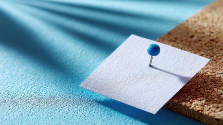 Close up detail of a blank square note attached to cork with a bright blue pin highlighting texture