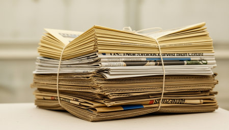 Stack of tied newspapers and cardboard ready for recycling eco friendly concept high quality photo Stock Photo