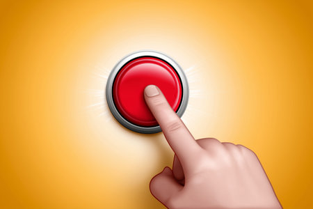 A hand is poised above a red button pressing it with a focused gesture the button emits a bright light creating a dramatic effect against a blue backdrop suggesting an engaging action Stock Photo