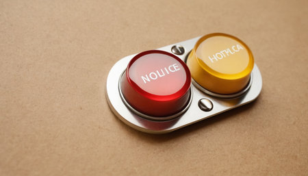 A closeup shot of a red and yellow button on a brown background Stock Photo