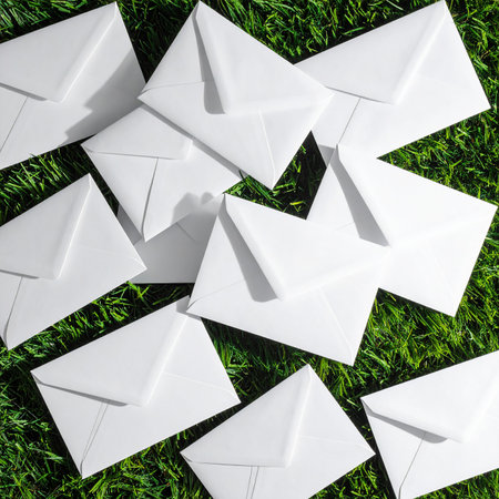 White paper envelopes on green grass top view close up