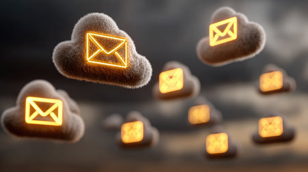 Imaginative illustration of cloud computing featuring glowing email icons floating above a dramatic sky representing digital communication and connectivity Stock Photo