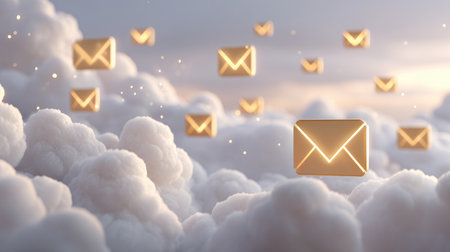 An enchanting depiction of golden email icons gracefully floating among soft white clouds in a dreamy sky evoking feelings of serenity and modern communication Stock Photo