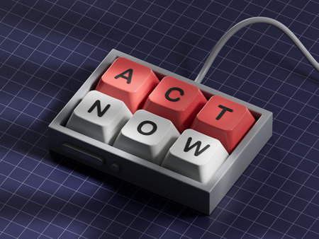 Act now symbol computer keyboard keys with words act now business and act now concept copy space 3d rendering on blue background