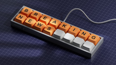 Breaking news symbol computer keyboard keys with words breaking news computer keyboard keys copy space 3d rendering on blue background Stock Photo