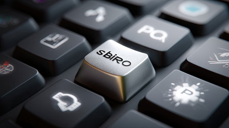 Detailed close up shot of a black computer keyboard featuring a unique silver key emphasizing design and technology in a modern workspace Stock Photo