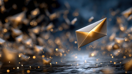A gold envelope is floating in the air above a pile of paper concept of chaos and disarray as the envelope is surrounded by a flurry of paper