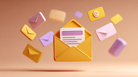 Envelope with email symbol flying out of it 3d rendering