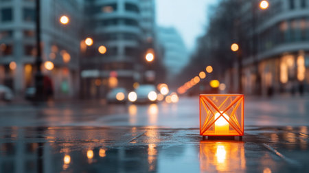 A small orange cube emitting light on a wet street