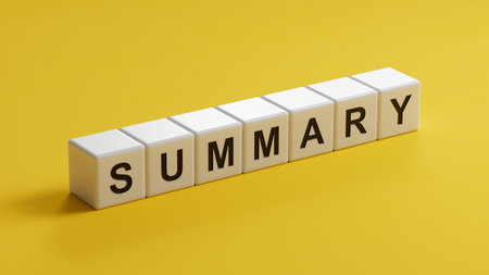Summary word written on wood wooden cubes 3d rendering on yellow background